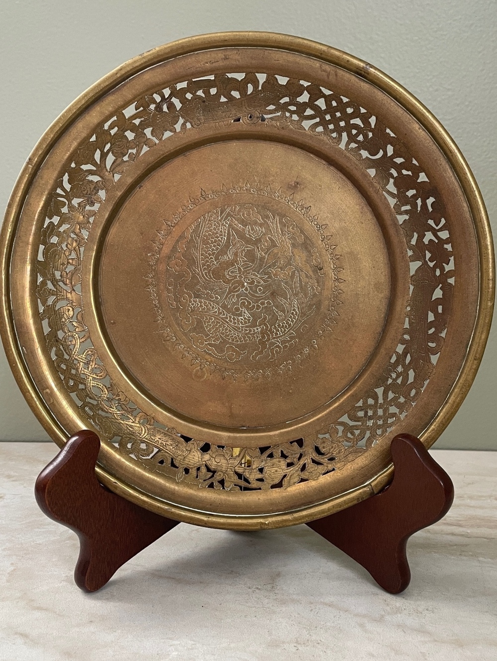 Vintage Solid Brass Dragon Decorative Plate | Engraved Pierced Openwork Rim